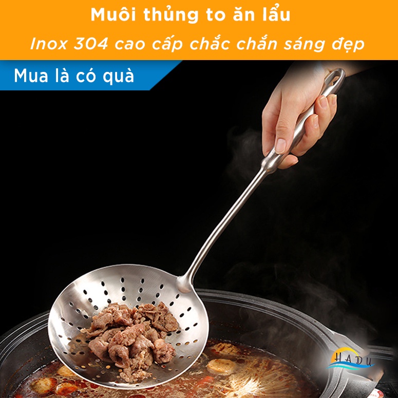 Muôi thủng inox ăn lẩu cao cấp loại to múc được nhiều đồ ăn ráo nước nhanh tay cầm cách nhiệt thoải mái HADU