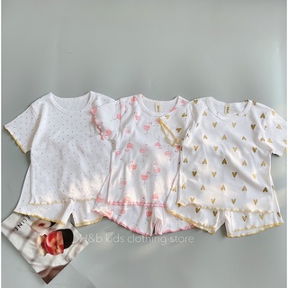  Bộ cotton xuất Hàn uốn viền hình trái tim chấm bi bé gái 