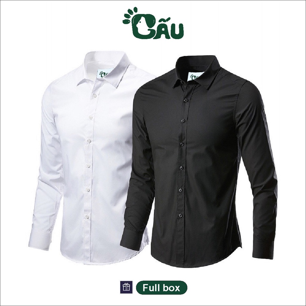 ✎♧Áo sơ mi nam GẤU 194 cổ thuyền tay dài vải lụa coton mềm, thoáng mát, ít nhăn - form regular fit Trơn Bẻ