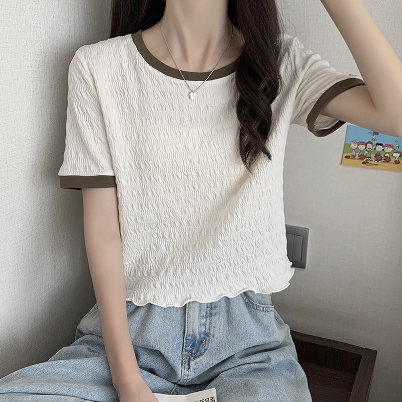 Áo Thun Chiffon Ngắn Tay Cổ Tròn Phối Bèo Màu Sắc Tương Phản Phong Cách Hàn Quốc Cho Nữ