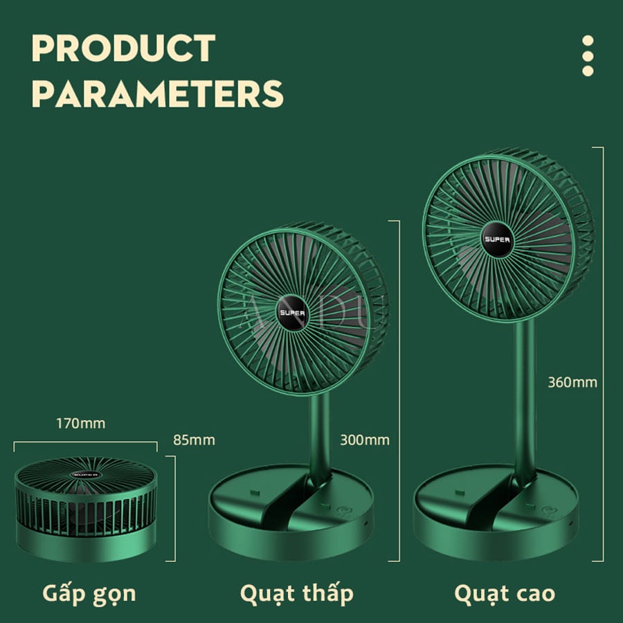 Quạt Tích Điện Để Bàn Gấp Gọn Super Có Thể Điều Chỉnh Độ Cao , 3 Tốc Độ Gió, Cổng Sạc USB Xoay 180 Độ Siêu Tiện Lợi -QB3