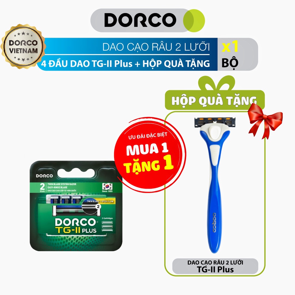 4 Đầu dao cạo 2 lưỡi và hộp quà tặng cán dao cạo 2 lưỡi DORCO TG-II Plus