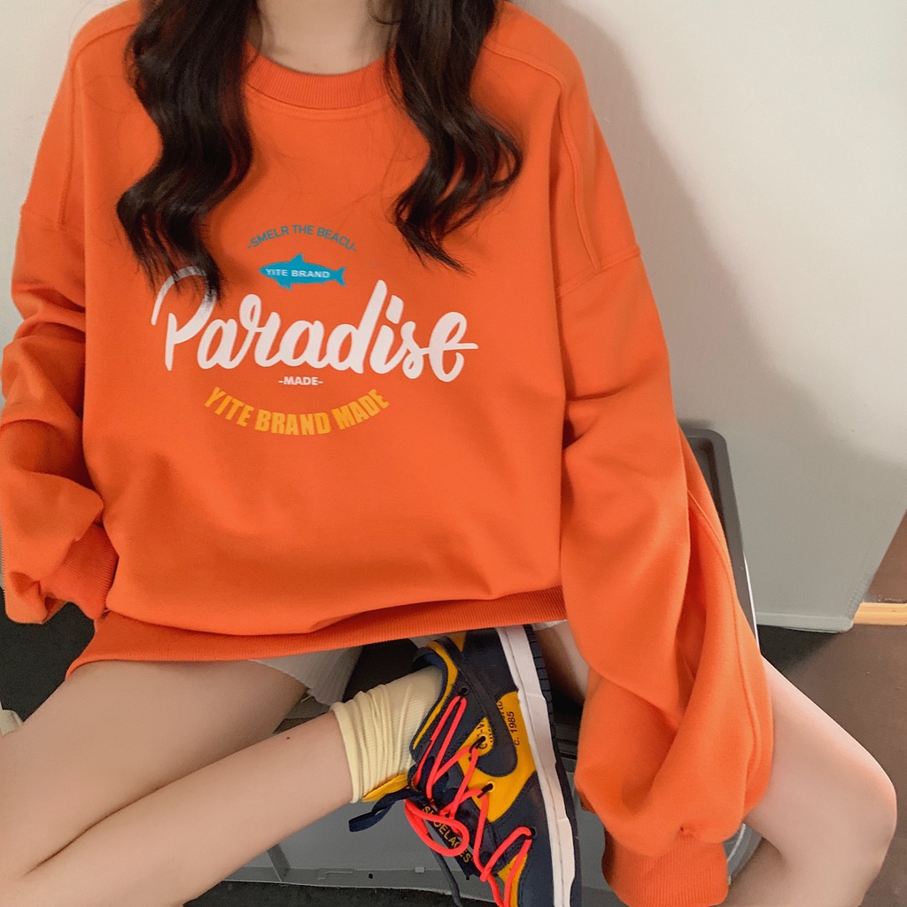 Áo thun tay dài cổ tròn dáng rộng in họa tiết thời trang mùa thu phong cách Hàn Quốc