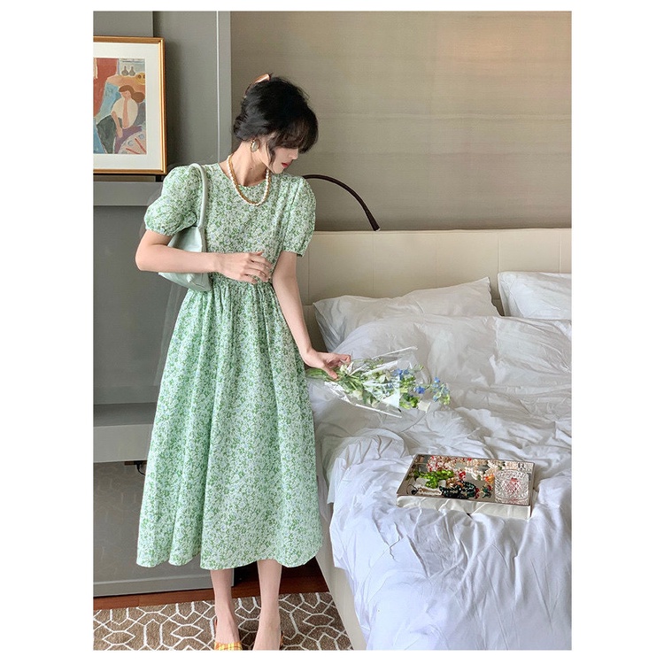 Đầm dài IELGY dáng chữ A lưng cao màu xanh lá kiểu Pháp thời trang hè cho nữ