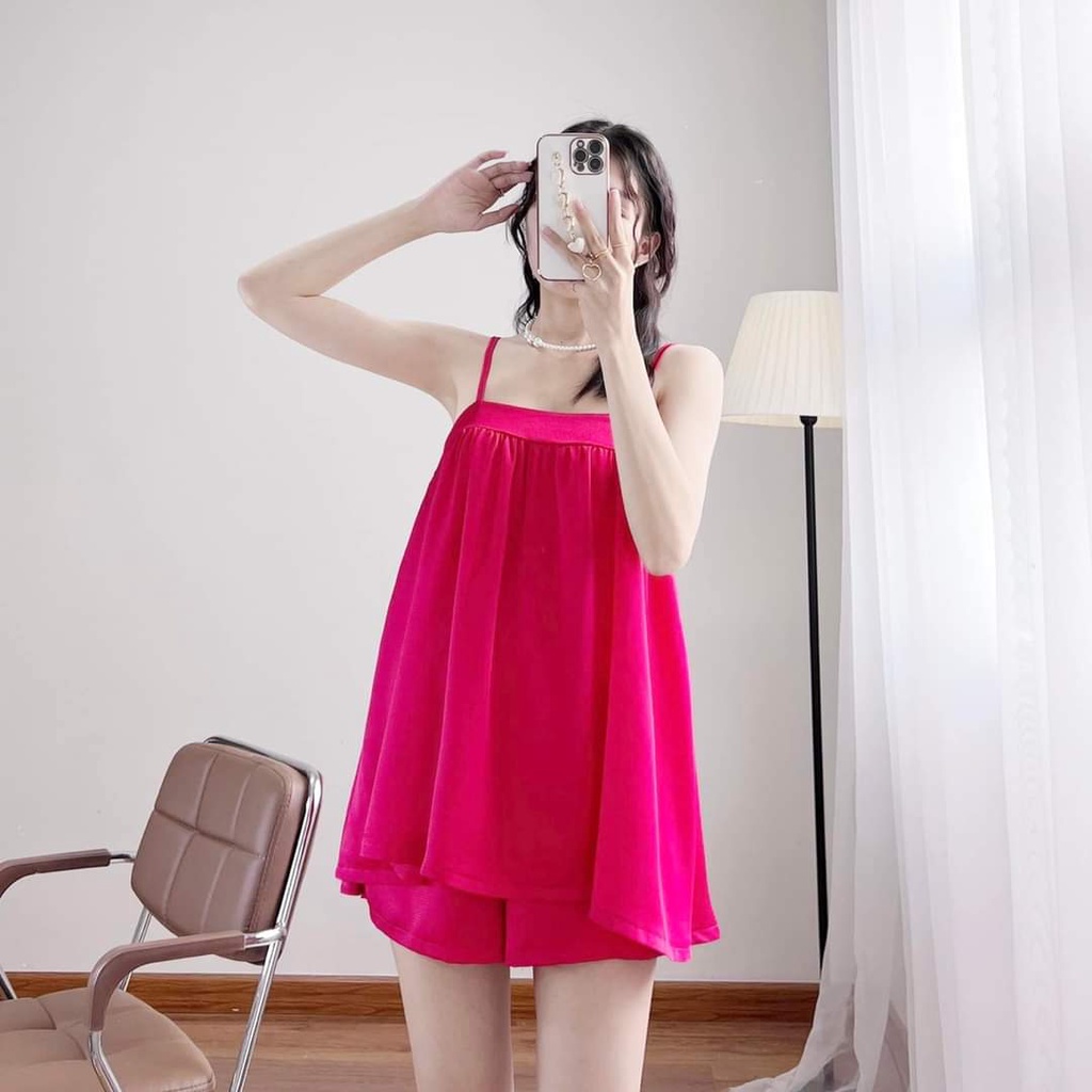 Đồ Ngủ Lụa Latin Hai Dây Dáng Dài, Bộ Ngủ Nhún ngực Bảng To, Quần Đùi Sexy Cao Cấp