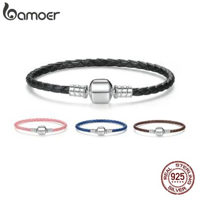 Vòng tay BAMOER da rắn phối khóa bạc phong cách thời trang DIY