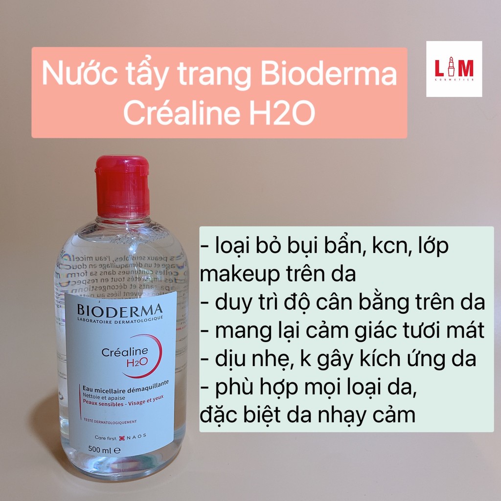 Nước tẩy trang Bioderma Créaline H2O 500ml màu hồng [Chính Hãng]