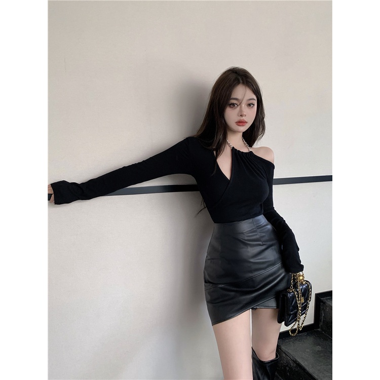 Bộ Áo Thun Tay Dài Lệch Vai + Chân Váy Lưng Cao Gợi Cảm Bằng Da Thời Trang Phong Cách Hàn Quốc Dành Cho Bạn Nữ (Đặt Hàng Riêng Lẻ)