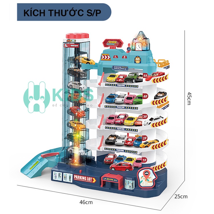 Bãi đỗ xe gara ô tô đồ chơi 5 tầng kích thước lớn, đồ chơi garage đường đua có nhạc kèm sẵn 8 ô tô nhiều màu sắc cho bé