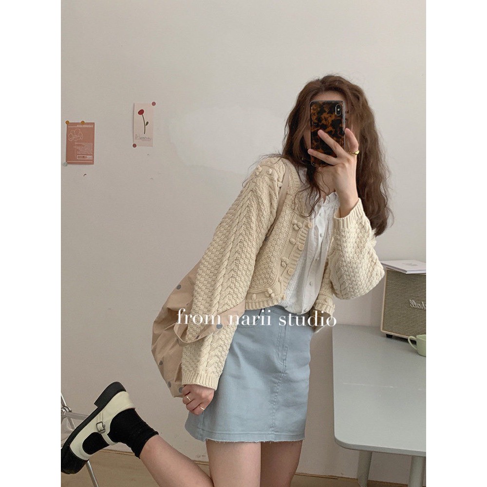 Áo sơ mi nữ tay dài NARII áo babydoll trắng Ulzzang Hàn ren cúc cài