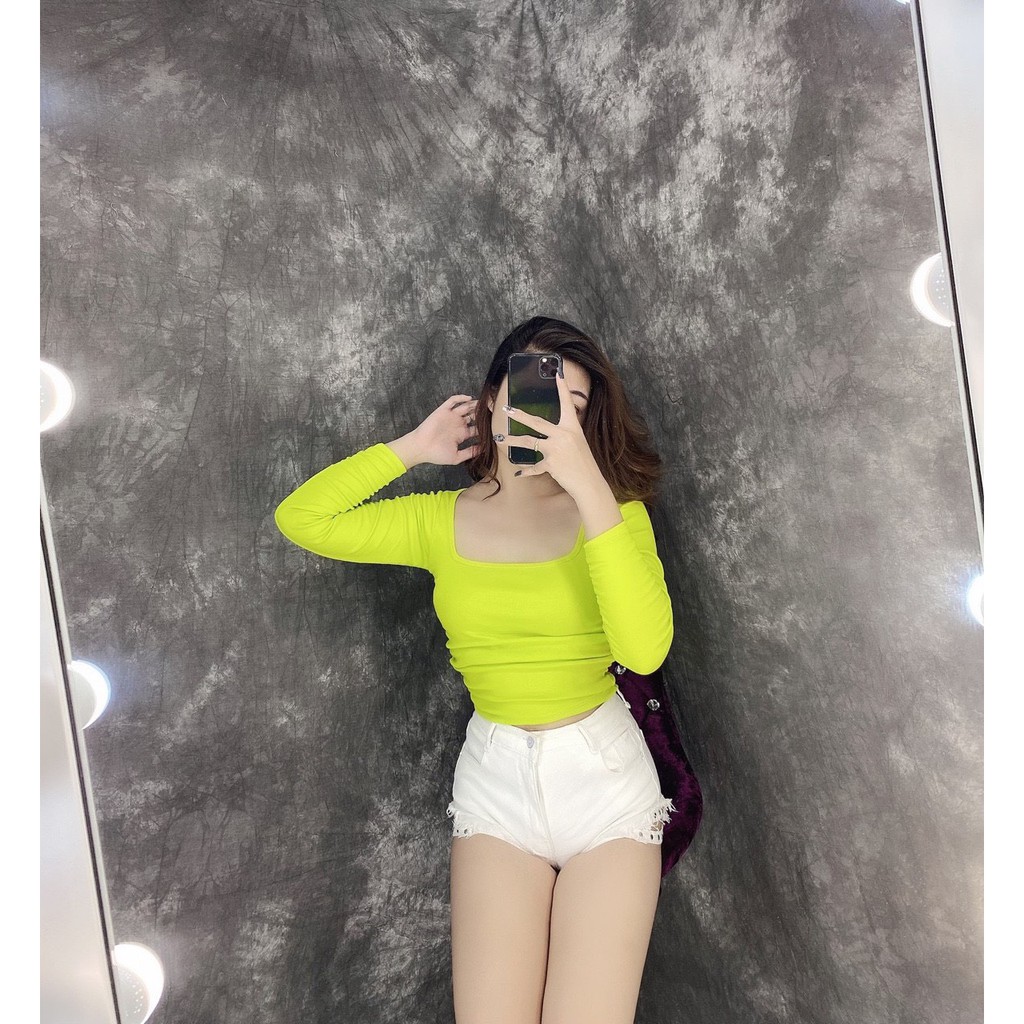 Áo kiểu croptop nhúm tay cổ vuông chất thun thái đẹp mẫu hot