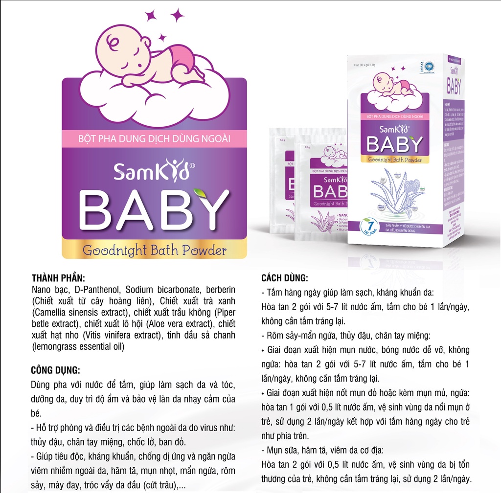 Bột pha nước tắm trẻ em Samkid Baby làm sạch da và tóc, duy trì độ ẩm và bảo vệ làn da nhạy cảm của bé - Hộp 30 gói x 1g