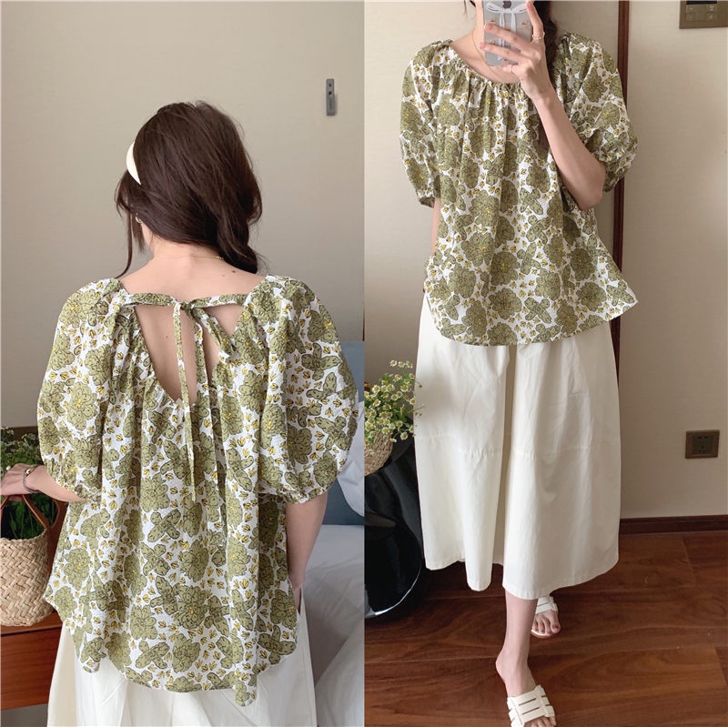 Áo Sơ Mi Ngắn Tay Cổ Tròn Thắt Dây Lưng Họa Tiết Hoa 52679