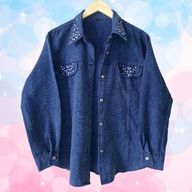 Teddy Meow - Áo Khoác Jeans (L6) Thêu Hoa Cúc Nhí Xinh Xắn, Dáng Rộng, Chất Mát, Hút Mồ Hôi, Không l