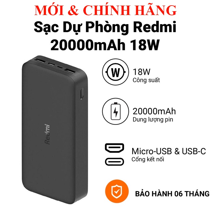 Pin sạc dự phòng Xiaomi Redmi PB200LZM 20000mAh, Xiaomi Gen 3 10000mAh Sạc nhanh 18W