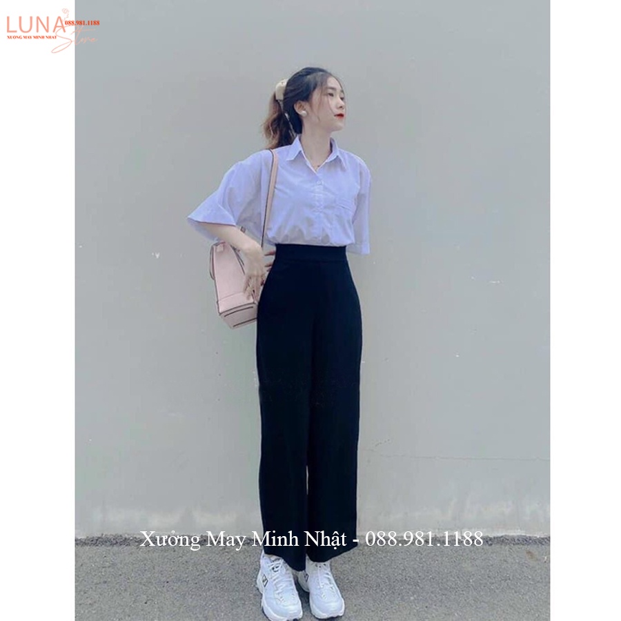 Quần ống rộng đi học khóa sườn lưng cao điệu dáng quần tây vải ống rộng nữ suông dài màu đen học sinh đi học làm công sở