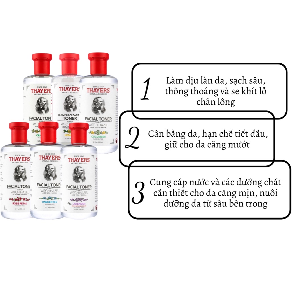 Nước hoa hồng Toner Thayers Alcohol Free Witch Hazel không cồn dưỡng ẩm dịu nhẹ 355ml DA07