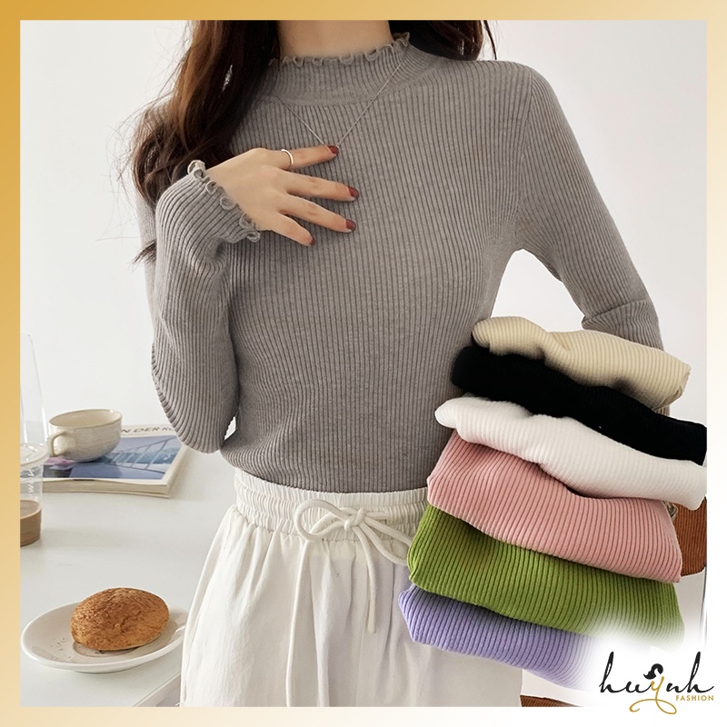 Áo len tăm cổ bèo dáng ôm, áo len body tôn dáng tay dài freesize - LEN04