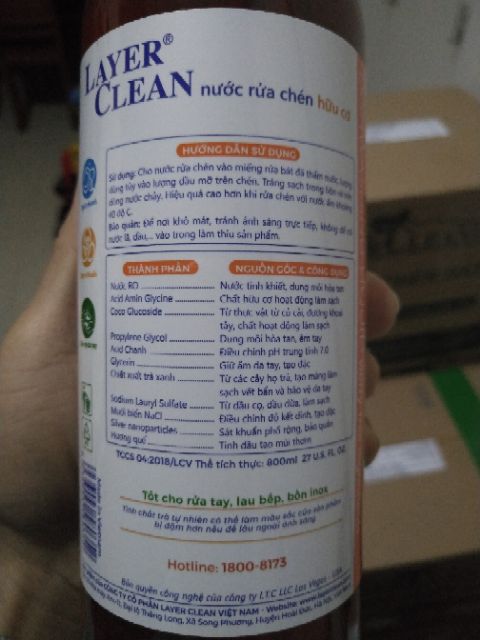 Nước rửa chén bát hữu cơ Layer Clean 300ml