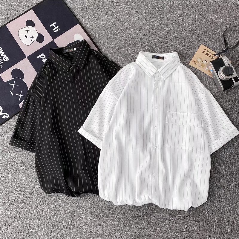 Áo sơ mi tay ngắn dáng rộng họa tiết kẻ sọc phong cách thời trang hong kong cho nam giới size M-3XL