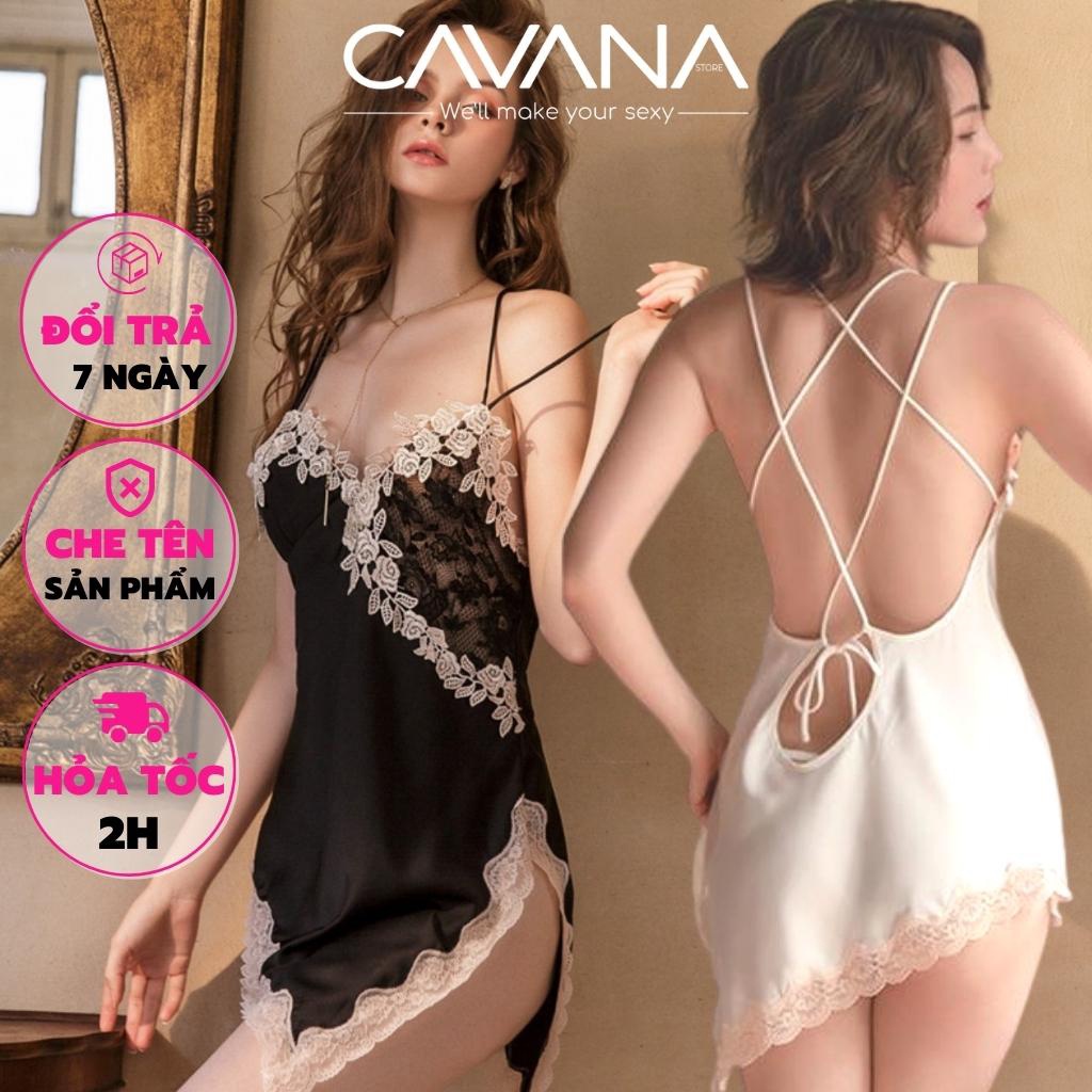 Đầm ngủ nữ, váy ngủ 2 dây sexy gợi cảm sang trọng lụa satin phối ren mềm mại N76 - CAVANA STORE