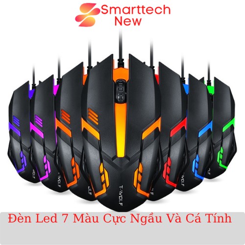 Chuột Gaming, Chuột Có Dây Máy Tính Laptop V1 T-WOLF Đèn Led 7 Màu Cho Game Thủ, Dùng Văn Phòng Cực Tốt