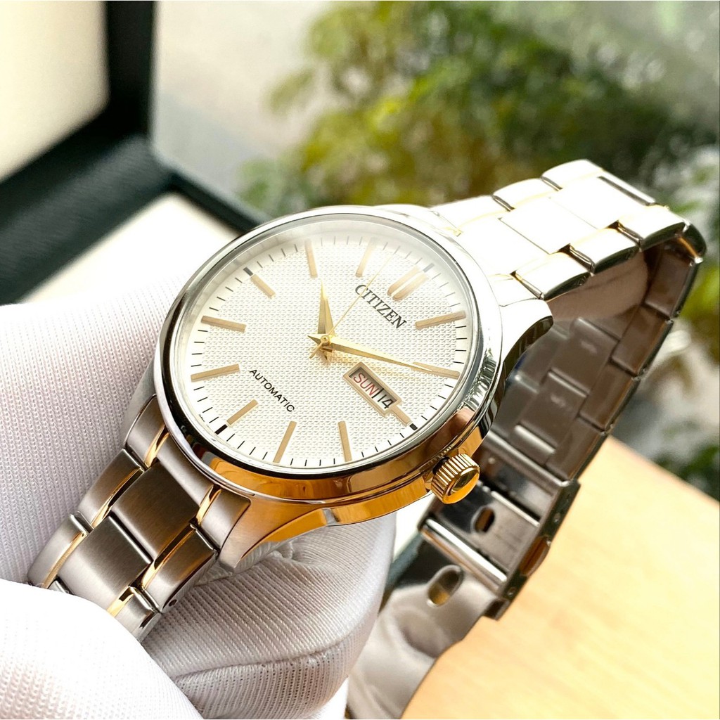 Đồng hồ Nam Citizen Automatic NH7524-55A Demi vàng,Mặt trắng,Lịch thứ ngày-Máy cơ tự động-Dây kim loại cao cấp-Size 40mm