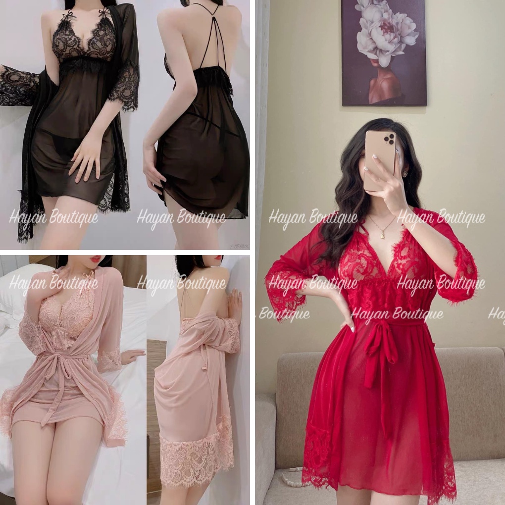 Set váy ngủ và áo choàng sexy xuyên thấu, sét đồ ngủ ren gợi cảm QCCC #HT153