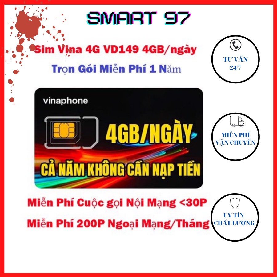 Sim 4G VinaPhone VD149 120Gb/Tháng Gọi Miễn Phí Trọn Gói 1 Năm