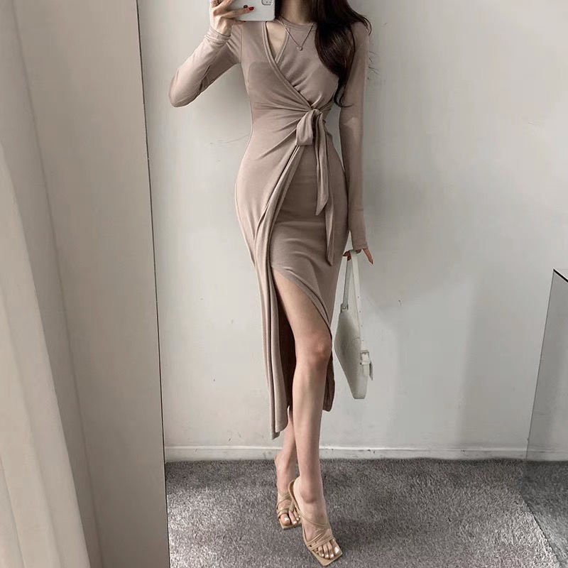 Đầm một mảnh giả hai mảnh ôm eo áo dài xẻ hông khoe dáng quyến rũ cho nữ Y42O