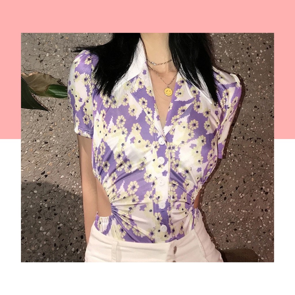 Áo liền thân cut-out tím họa tiết hoa kiểu dáng vintage