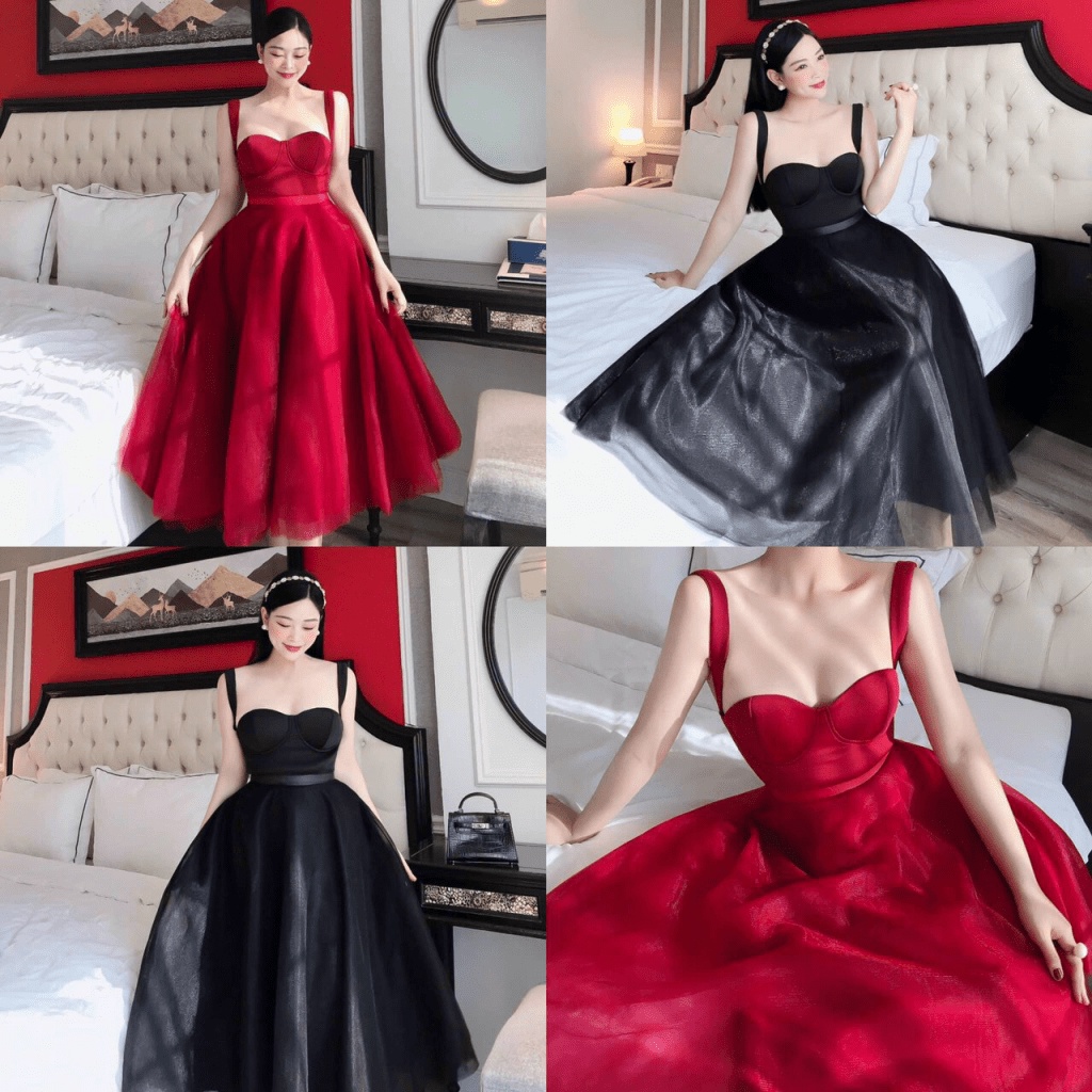 Váy đầm nữ dáng xòe cúp ngực chất poly phối lưới thiết kế trẻ trung duyên dáng thích hợp đi tiệc LT