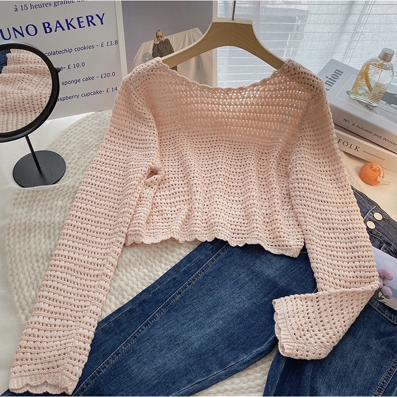 Áo khoác len mỏng dệt kim cardigan mỏng cổ tròn dáng ngắn croptop Jolie Top Yannie