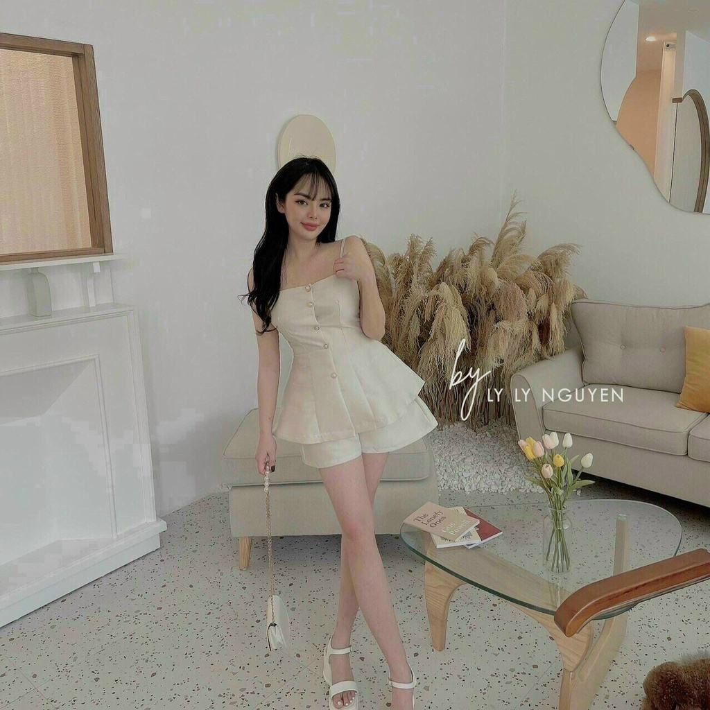 [8.8 Sales Freeship] Set bộ đùi áo 2 dây xòe phối nút quần đùi siêu xinh, bộ chất tapda đính nút tiểu thư dễ thương