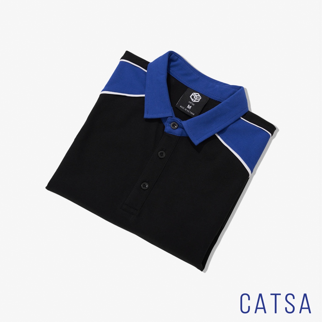 Áo thun nam POLO đen trơn phối xanh dương vải cotton cao cấp ngắn tay cực sang trọng CATSA ATP294