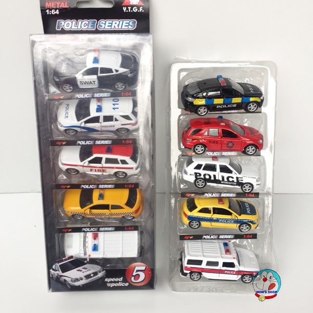 SIÊU HOT: Hộp 5 chiếc ô tô sắt: xe cảnh sát mở cánh tỉ lệ 1:64, chạy bánh đà
