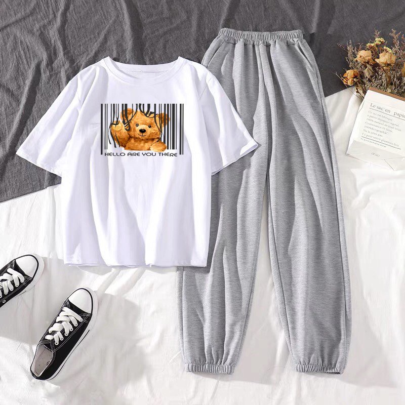 Sét Áo Gấu dơ tay + quần bom chun, Áo thun from rộng, Chất đẹp không xù, quần suông ống rộng, Sét bộ mặc ở nhà - MODY