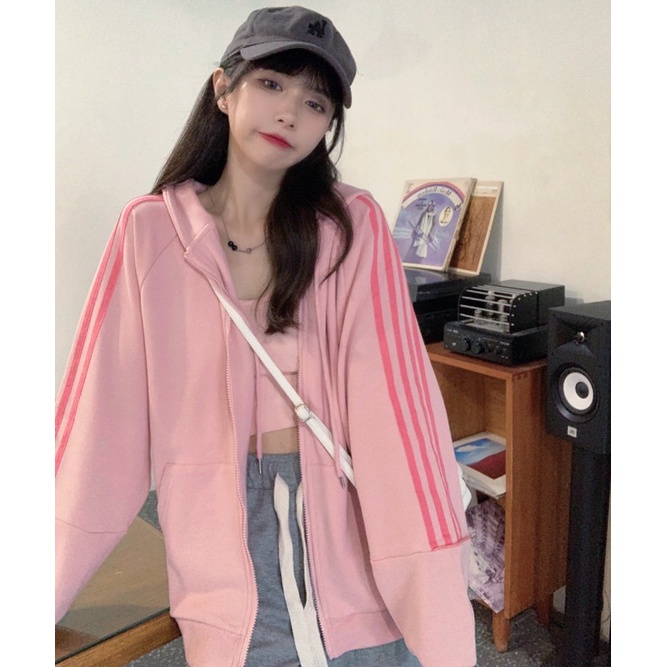 Áo khoác sweater XINLANYASHE lông cừu dày có khóa kéo màu hồng hợp thời trang dành cho nữ sinh