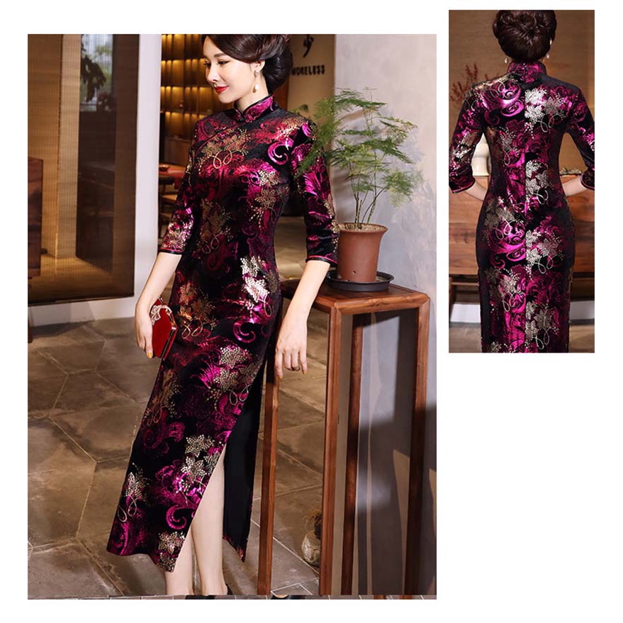 Women Autumn Winter Gold Velvet Long Cheongsam Dress Vintage Slim Three Quarter Sleeve Plus Size Dresses 4XL | BigBuy360 - bigbuy360.vn