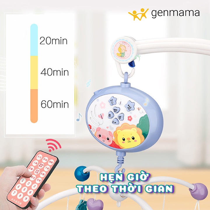 Treo nôi cũi xe đẩy cho bé Genmama kích thích thị giác trẻ sơ sinh trẻ nhỏ, Treo cũi nôi phát nhạc có đèn xoay tự động