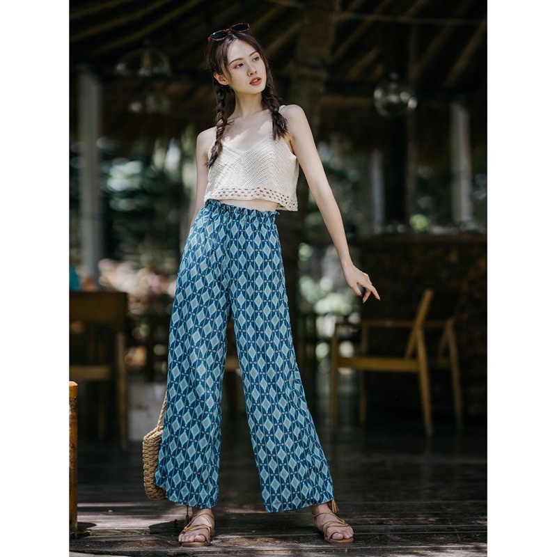 Quần ống rộng Bohemian nữ hoạ tiết dân tộc hàng Quảng Châu order