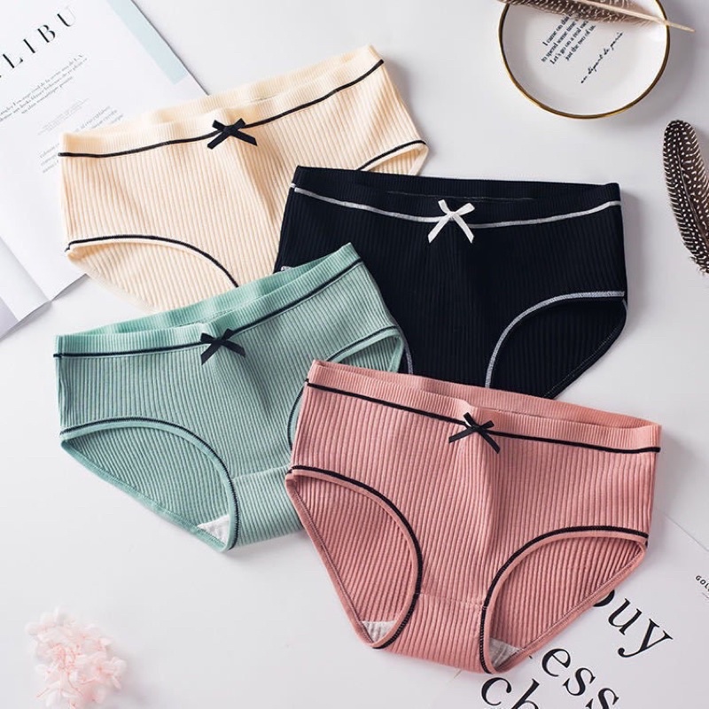 Quần Lót Cotton Gân Tăm Viền Kẻ Phối Nơ