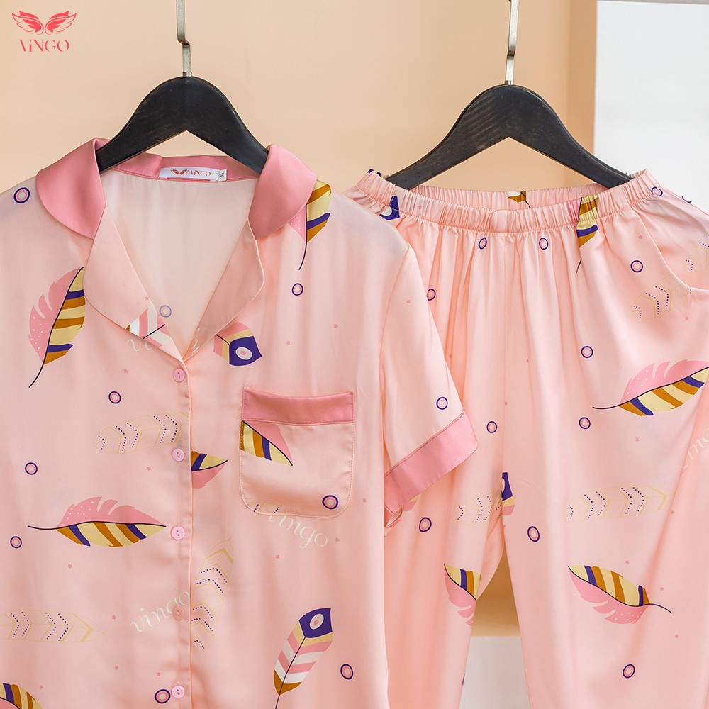 Bộ Đồ Ngủ Mặc Nhà Pyjama Nữ VINGO Tay Cộc Quần Dài Lụa Pháp Cao Cấp Hoa Tiết Lông Vũ Thanh Lịch Hiện Đại H234 VNGO