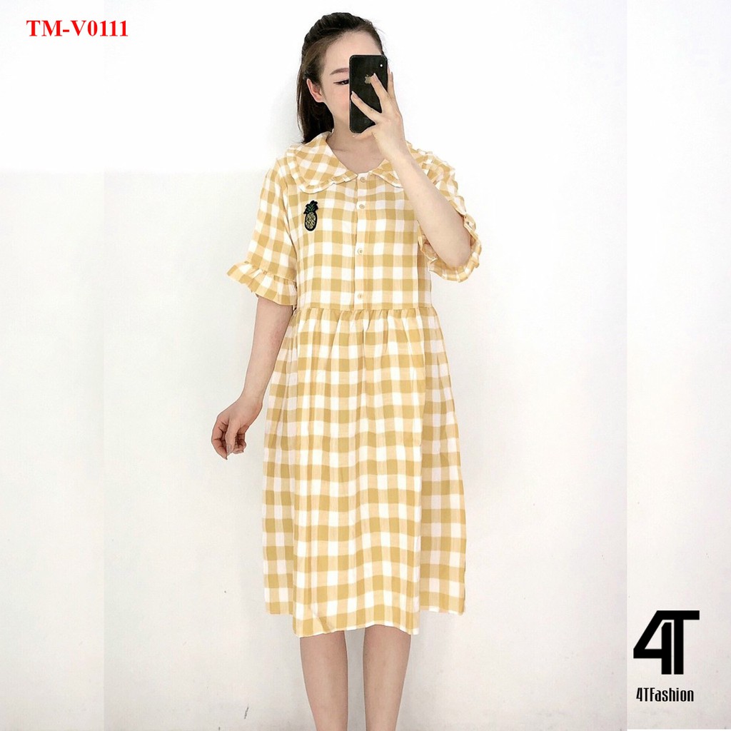 Váy bầu 4T Fashion  - Đầm bigsize kẻ caro dáng dài cổ sen chất cotton siêu mát