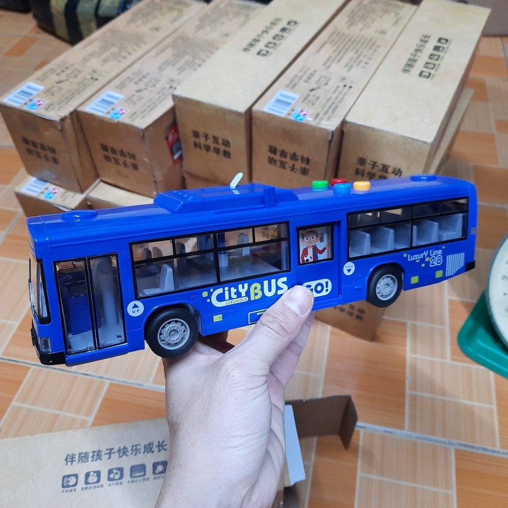 Xe ô tô buýt cỡ lớn đồ chơi trẻ em mô hình bằng nhựa có đèn và âm thanh