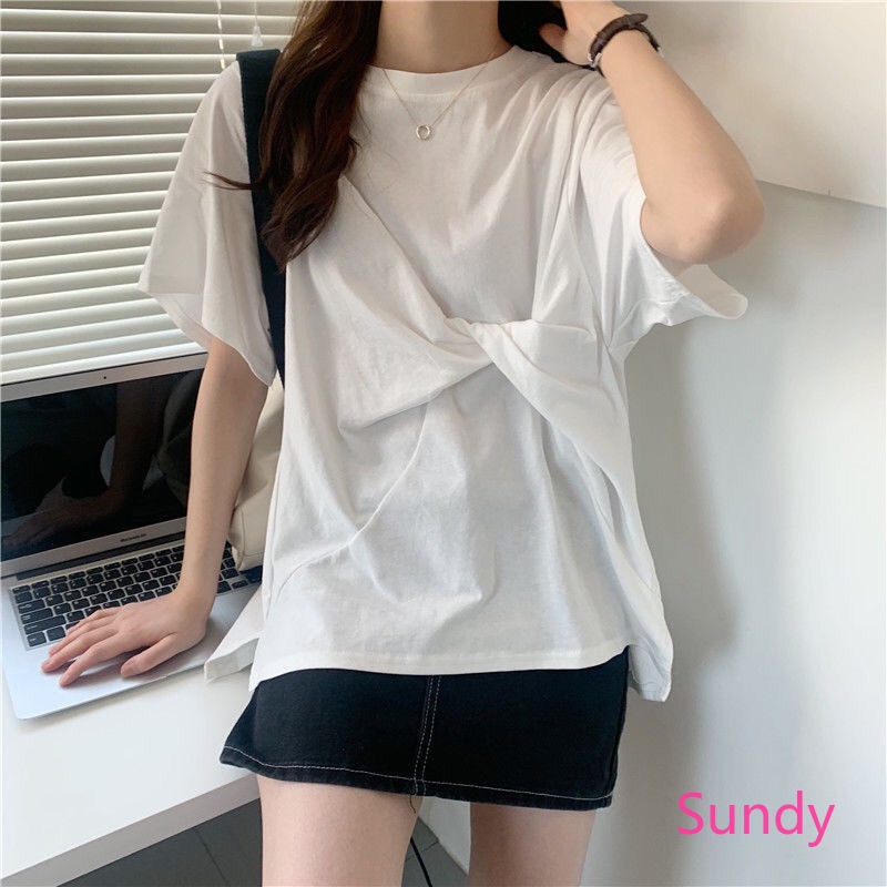 Áo Thun Cổ Tròn Dáng Rộng Màu Sắc Đơn Giản Trẻ Trung Phong Cách Hàn Quốc Cho Nữ