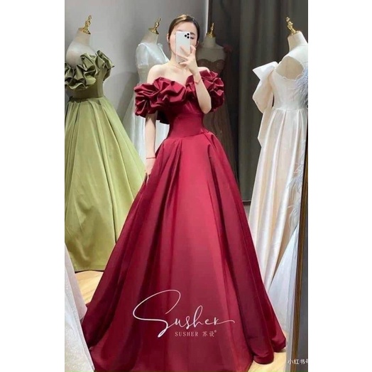 Đầm maxi cươi bẹt vai nhún phồng cổ điển TRIPBLE T DRESS - size M/L - MS405V