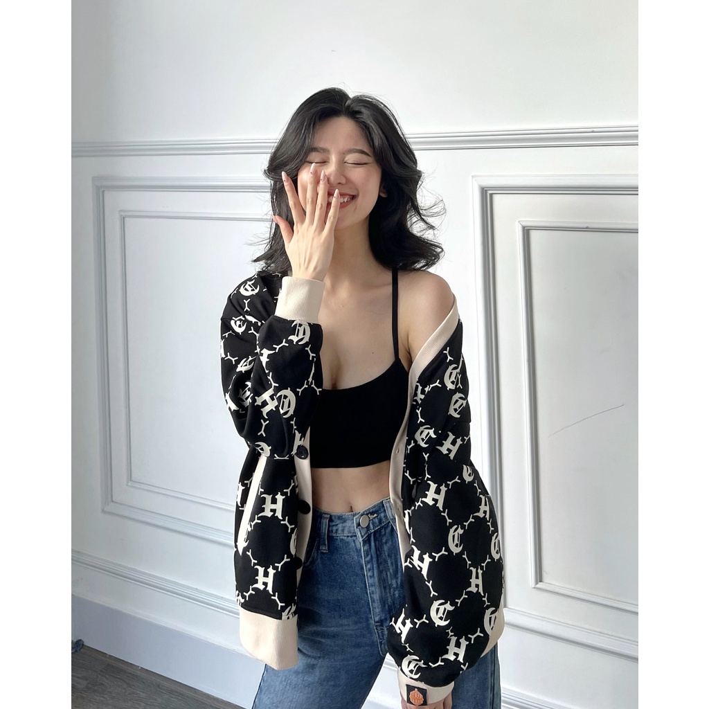 Áo Khoác Cardigan LOGO PATTERN hoạ tiết màu đen/kem - HighClub Brand Chính Hãng