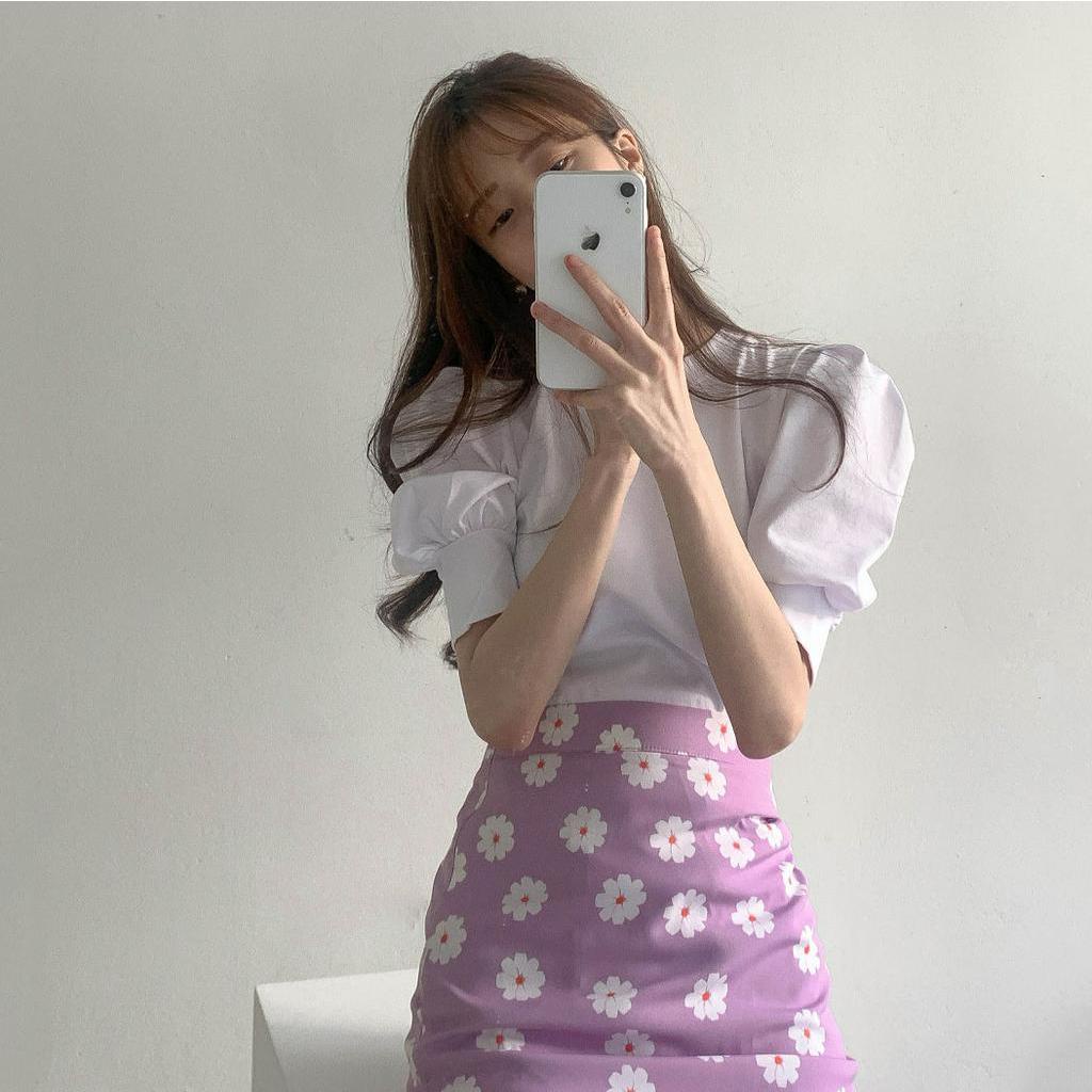 Set Áo Tay Phồng + Chân Váy Đuôi Cá In Họa Tiết Hoa Cúc Thanh Lịch Dành Cho Nữ