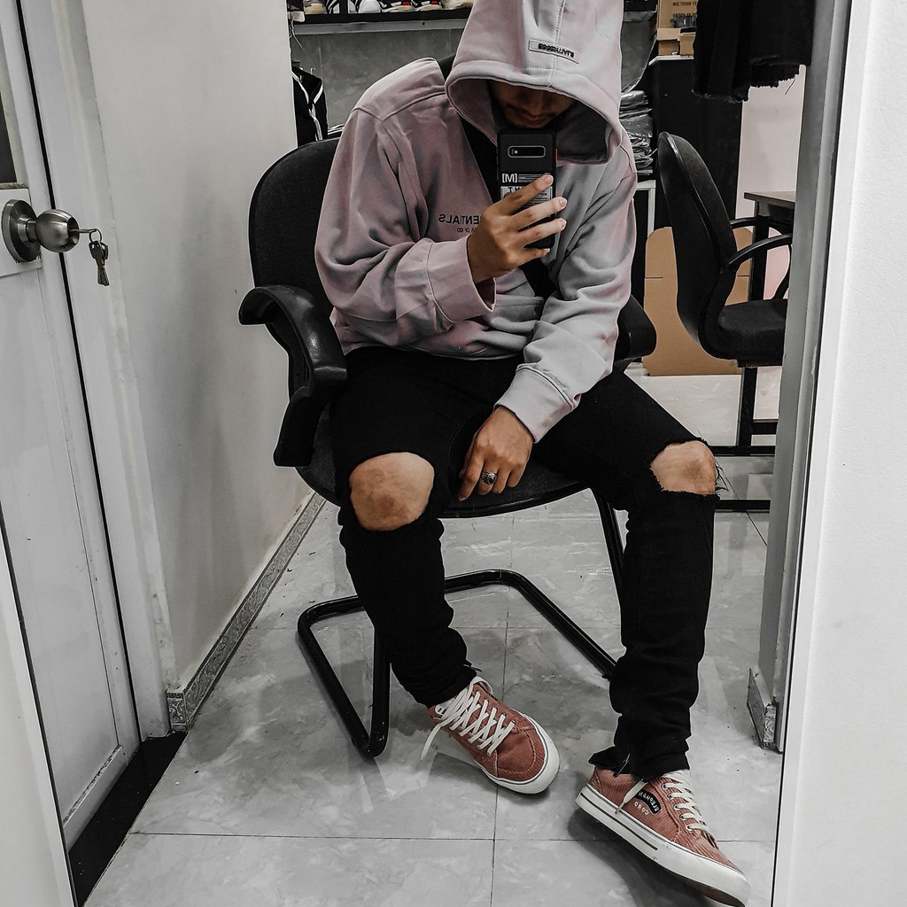 Quần jean nam Streetwear DATINO đen rách gối form Skinny co giãn ống khóa Zipper, bền màu